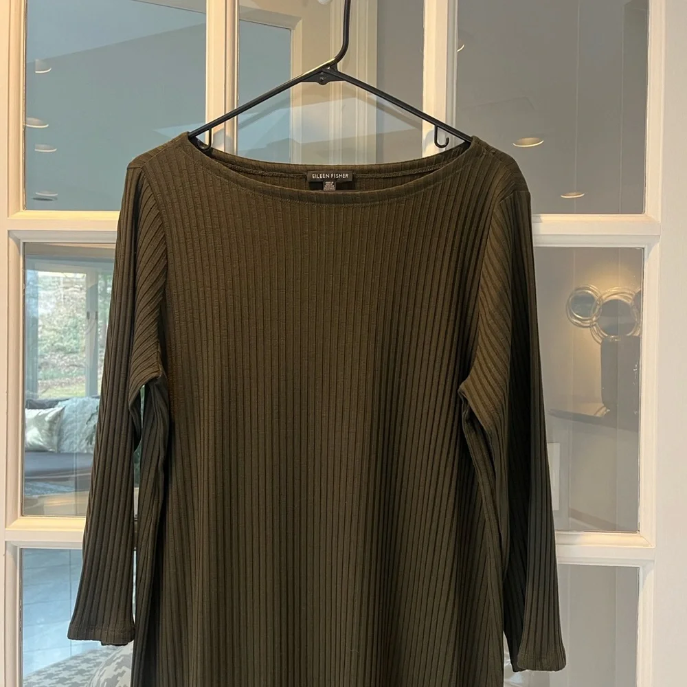 Eileen Fisher Tencel Stretch Rib Ribbed Knee Sleeved Green Olive Dress M New - Picture 5 of 8